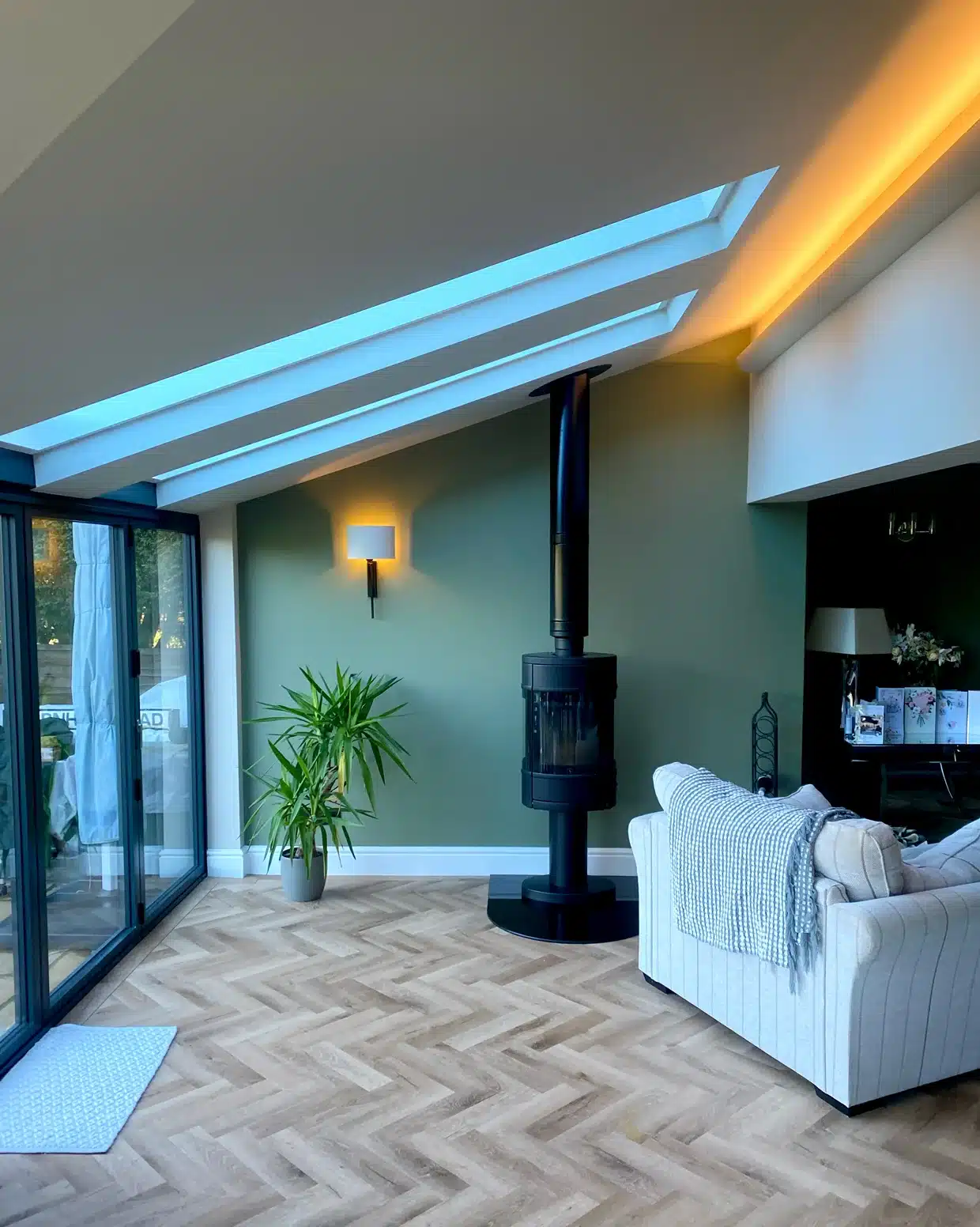 Modern living room with herringbone floor and fireplace